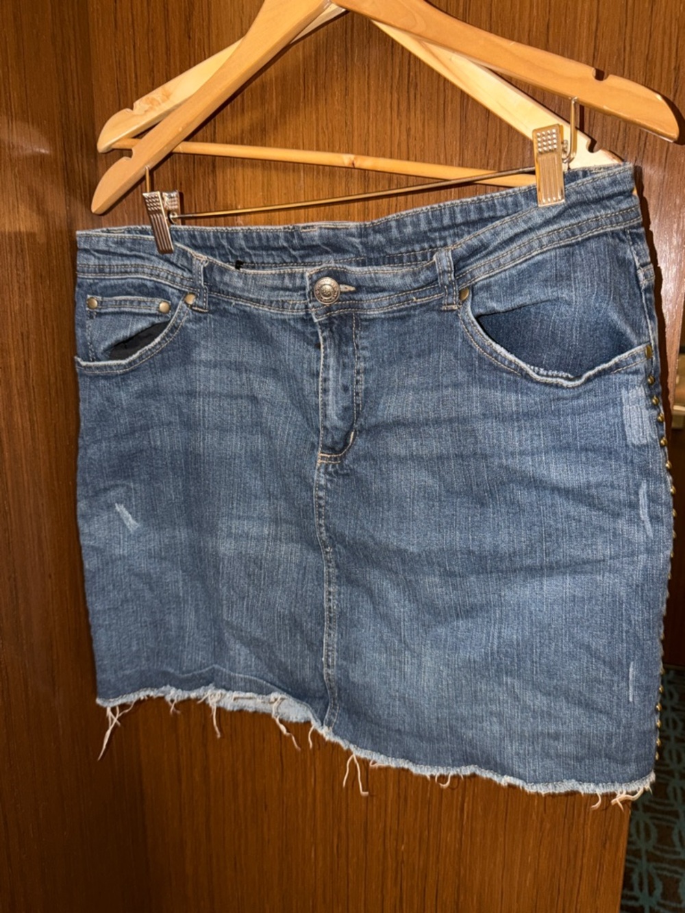 Evolution beaded Blue Denim Mini Skirt with Raw Hem